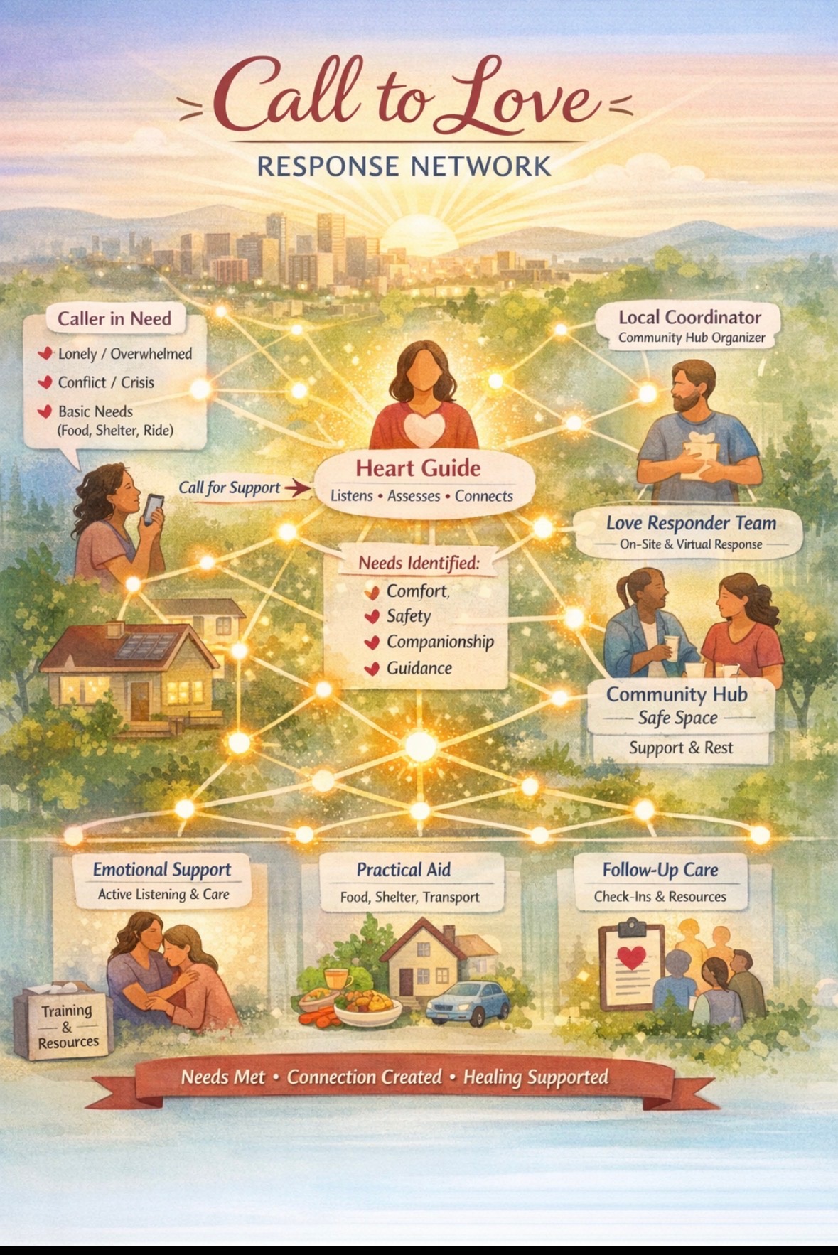 Illustrated map of the Call to Love Response Network: a caller in need reaches a Heart Guide, who connects them to responders, a local coordinator, and a community hub.